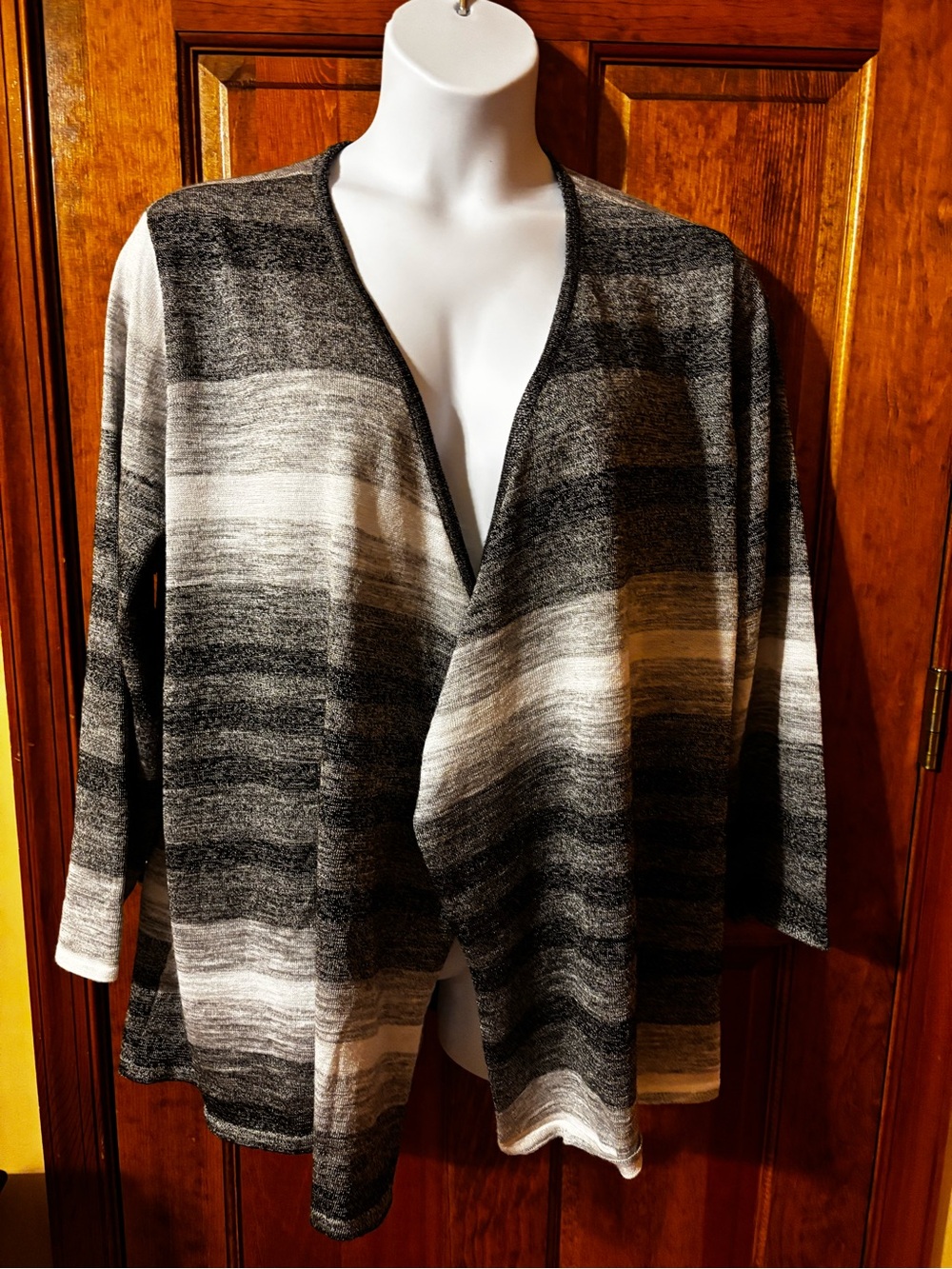 Catherines Black & White Striped Open-Front Cardigan